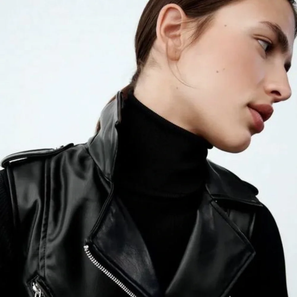 Black Faux Leather Moto Dress with High Collar and Asymmetrical Closure